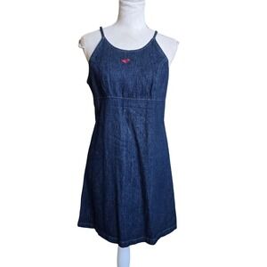 Vtg y2k Roxy Denim Mini‎ Dress Spaghetti Strap Sleeveless Casual Sundress Summer
